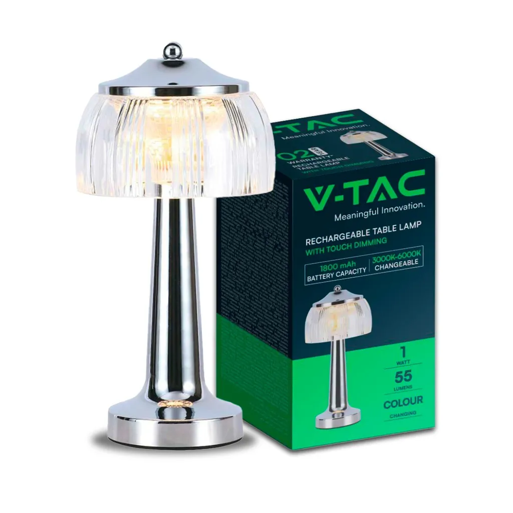 V-TAC Lampada LED da Tavolo 1W 13.5*26.5 Colore Cromo Ricaricabile con USB C Touch Dimmerabile 3in1 - immagine 1