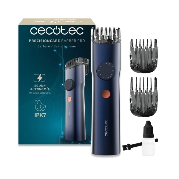 Tagliabarba cordless Cecotec PrecisionCare Barber Pro - Autonomia della batteria: 90 minuti - Lame in acciaio inossidabile - Pettini regolabili - Rotella di regolazione - Impermeabile IPX7 - Display a LED - Blu navy - immagine 1