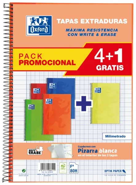 Confezione da 5 quaderni a spirale Oxford School Classic Write&Erase con copertina rigida extra - Formato A4 - Carta a quadretti con margine - 80 fogli - Colori assortiti - immagine 1