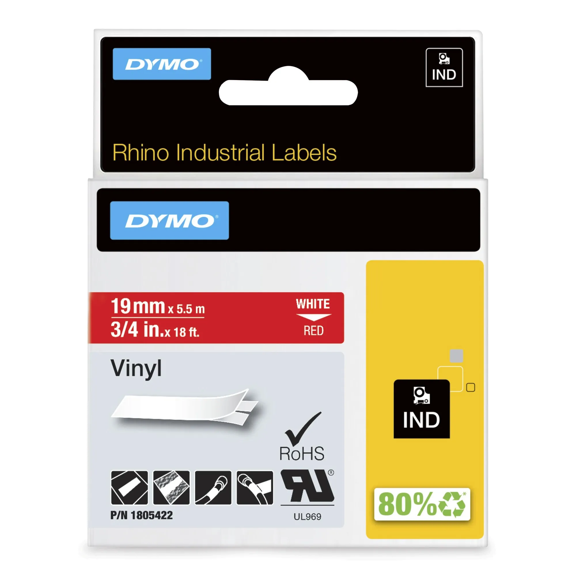 ORIGINALE DYMO Nastro Bianco su rosso 1805422 DYMO Rhino Etichette in vinile industriale | 19 mm x 55 m | Stampa bianca su rosso | Autoadesive | per stampanti di etichette Rhino e LabelManager - immagine 1