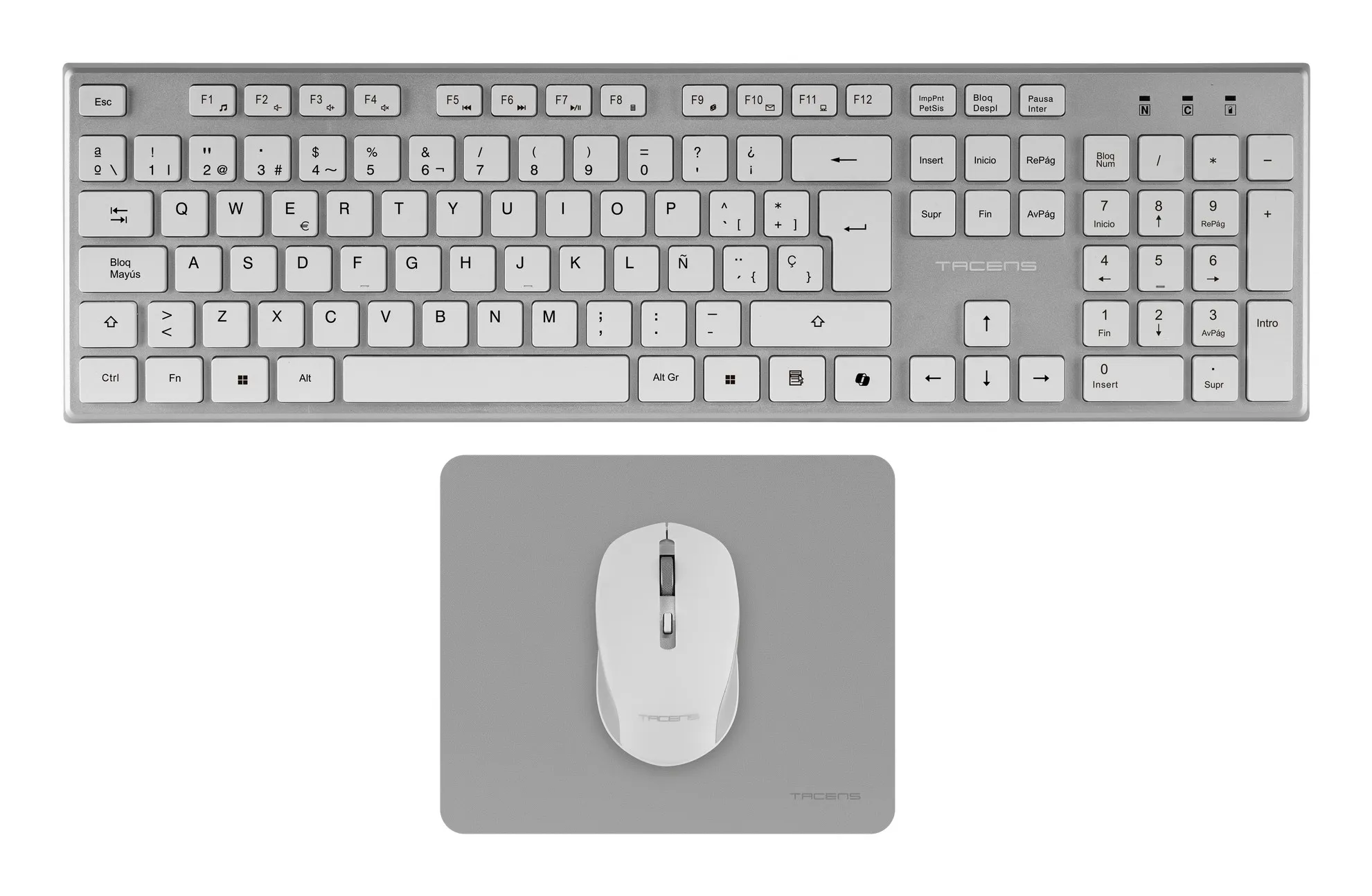 Tacens 6ZENITHWES tastiera Mouse incluso Casa/ufficio RF Wireless QWERTY Spagnolo Argento Bianco - immagine 1