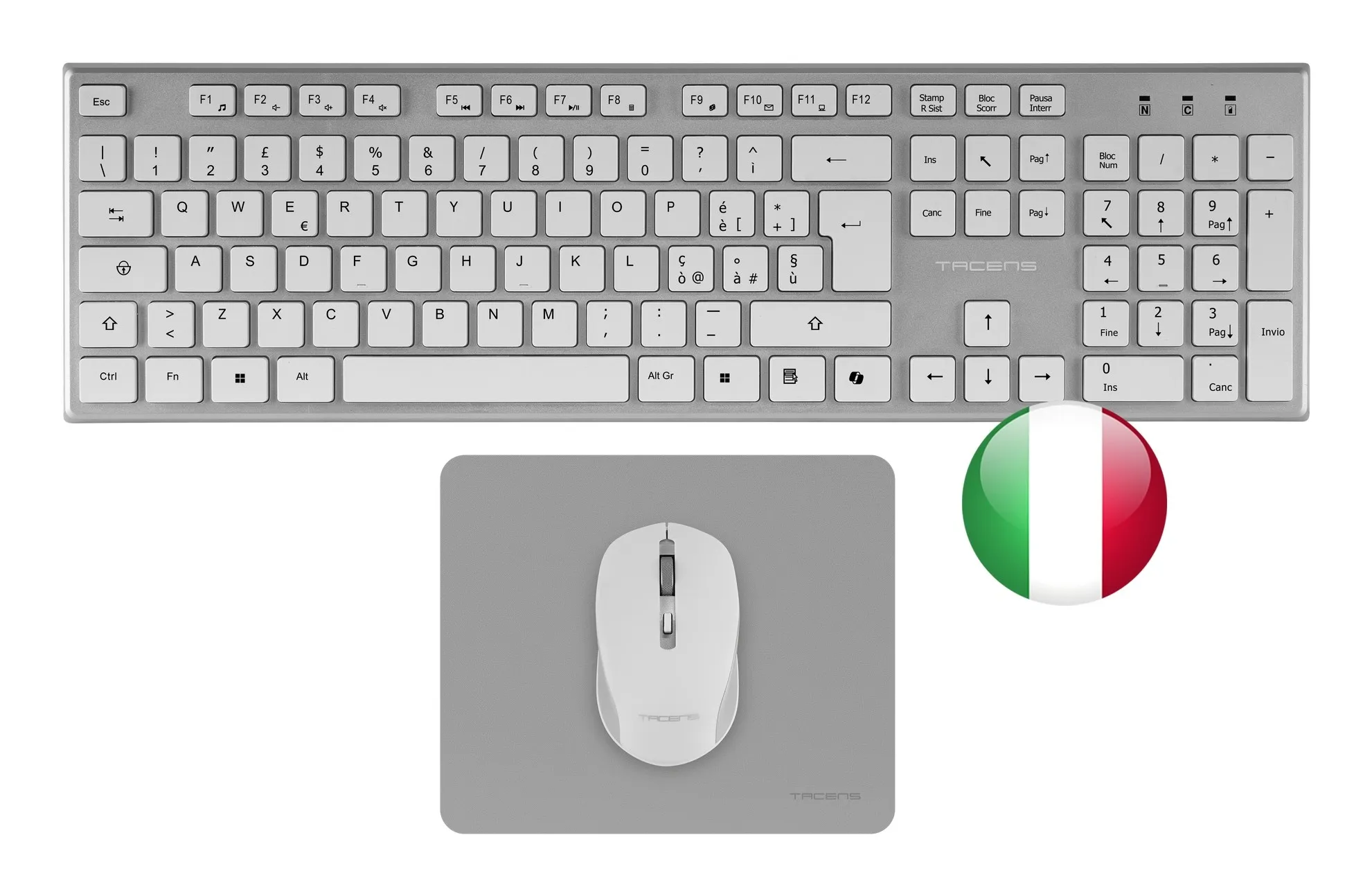 Tacens 6ZENITHWIT tastiera Mouse incluso Casa/ufficio RF Wireless QWERTY Italiano Argento Bianco - immagine 1