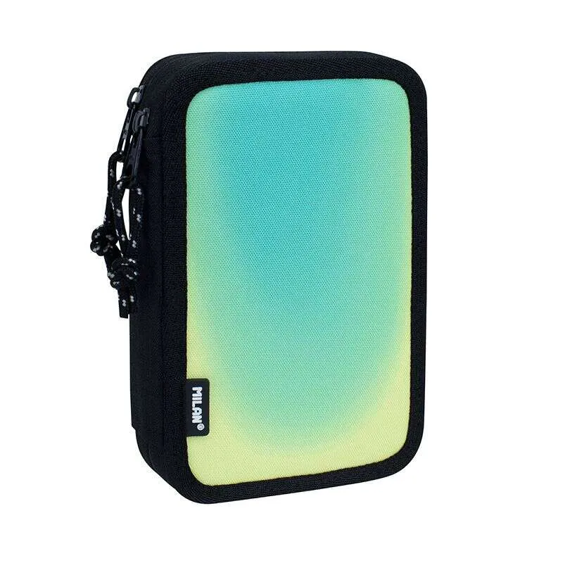 Astuccio portapenne a 2 ripiani Milan Sunset con 2 gomme temperino matita penna compatta righello 12 matite colorate e 18 pennarelli - Nero/Verde - immagine 1