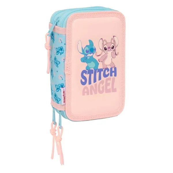 Astuccio Safta Stitch Ohana a 3 scomparti - 37 pezzi - 13 l - Gomma - Matite - Penne - Temperamatite - Righelli - 16 colori - 14 pennarelli - 125x55x195 mm - Rosa pastello - immagine 1