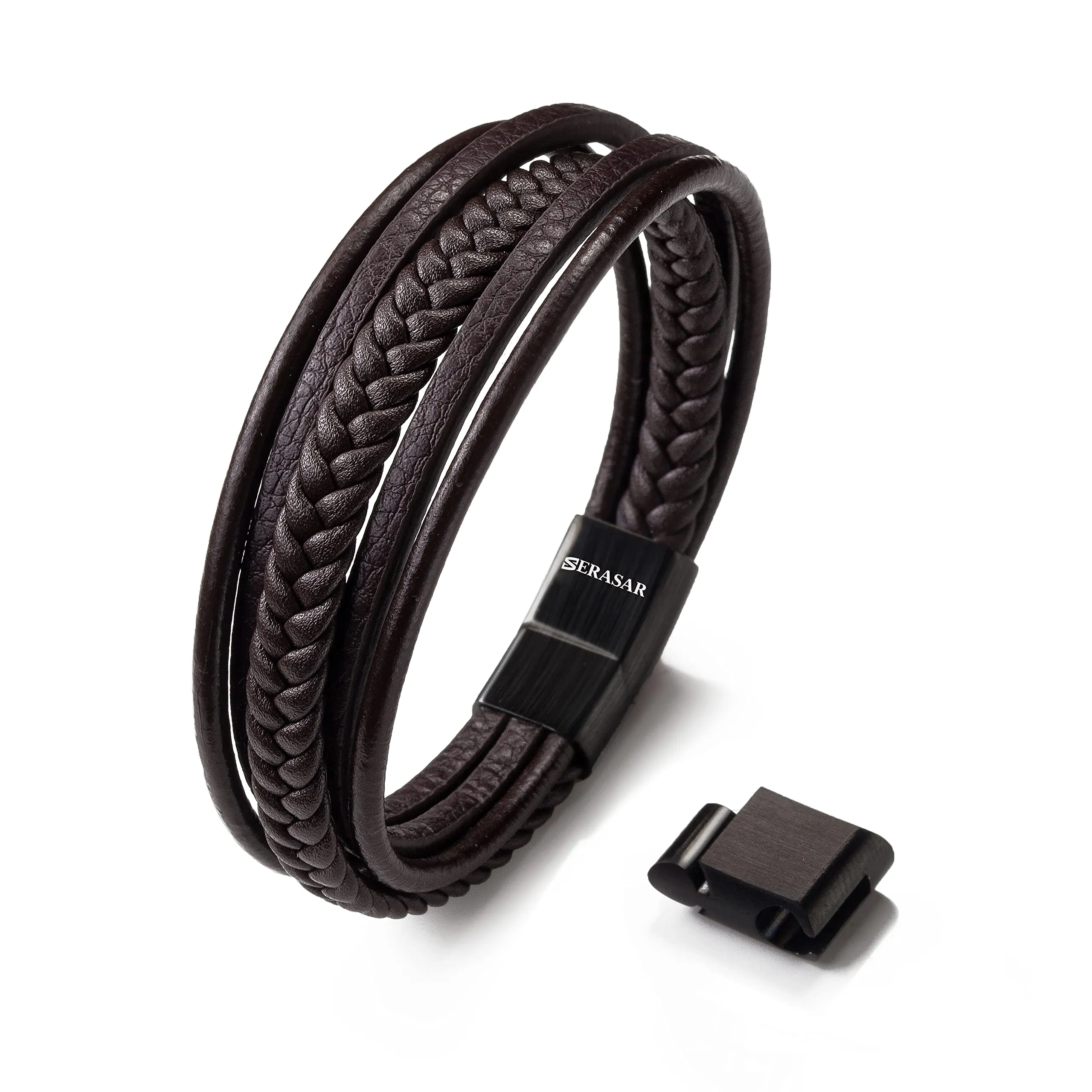 SERASAR Bracciale Uomo Pelle Marrone Intrecciata Inox 19cm - immagine 1