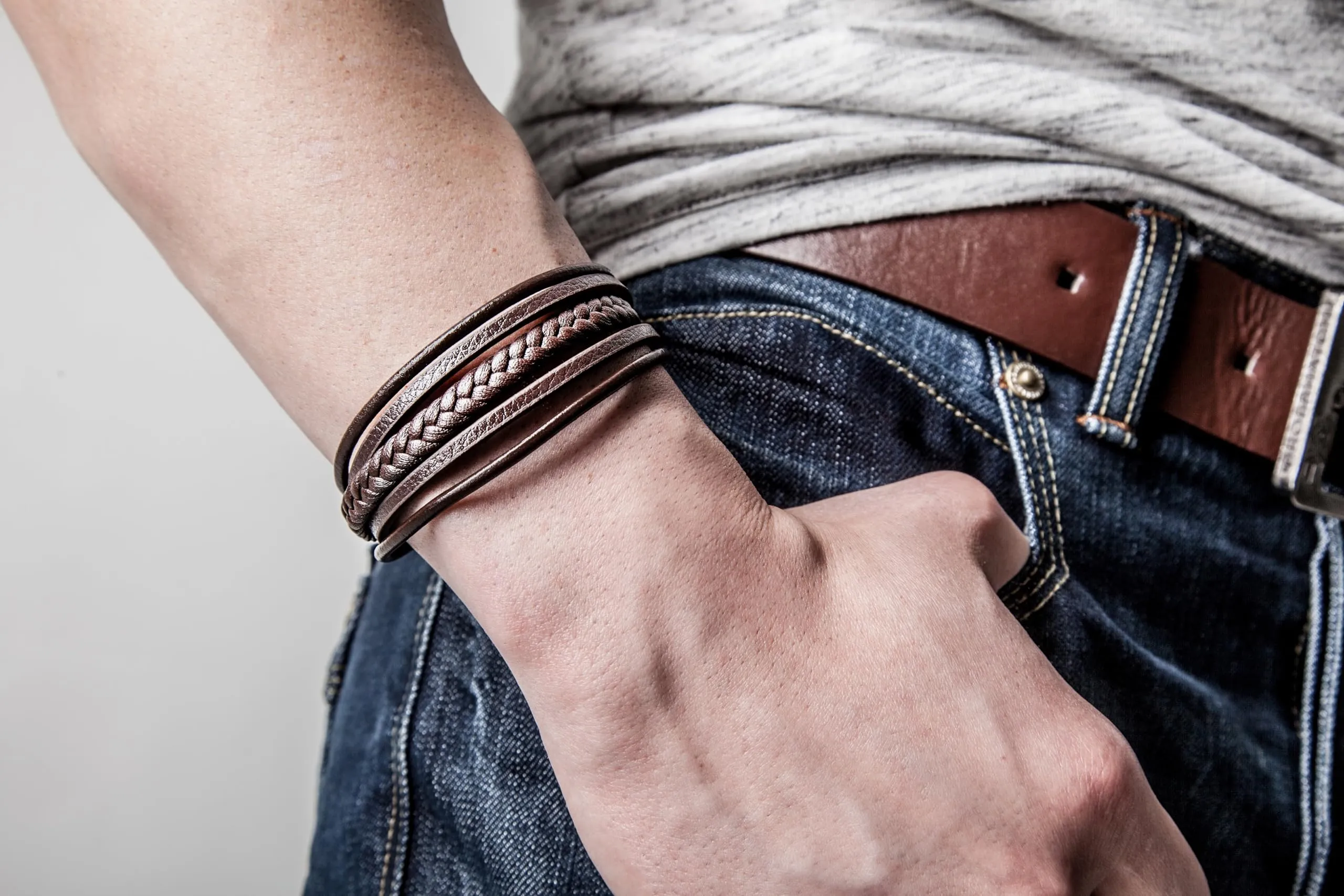 SERASAR Bracciale Uomo Pelle Marrone Intrecciata Inox 19cm - immagine 3