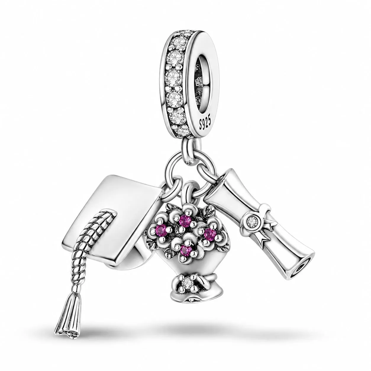 MariaFonte Charm Compatibile Tutte Marche Pendente Laurea Diploma Fiori Pergamena Cappello Compleanno Anniversario Ciondoli Originale Bead Argento 925 Portafortuna Cuore - immagine 1