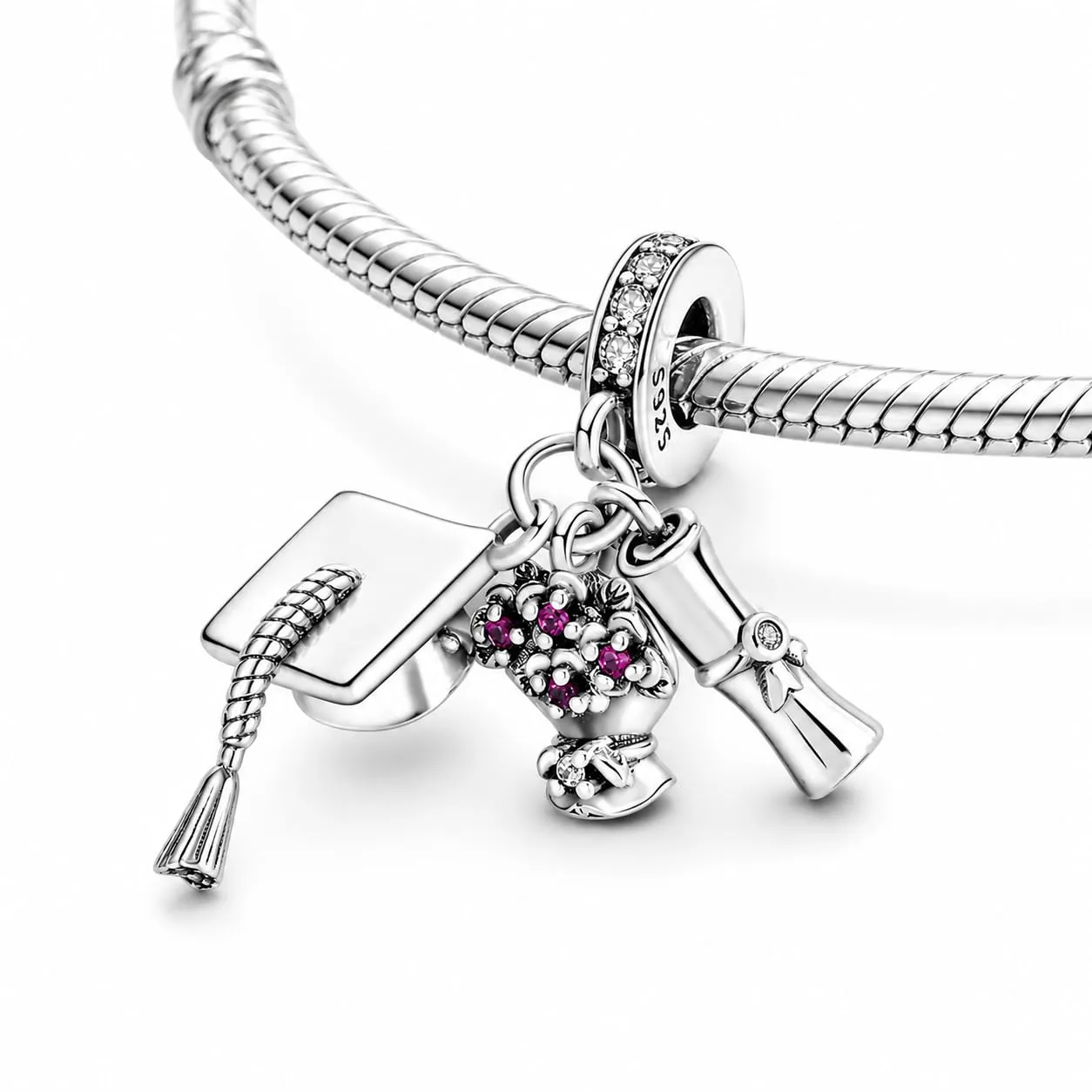 MariaFonte Charm Compatibile Tutte Marche Pendente Laurea Diploma Fiori Pergamena Cappello Compleanno Anniversario Ciondoli Originale Bead Argento 925 Portafortuna Cuore - immagine 2