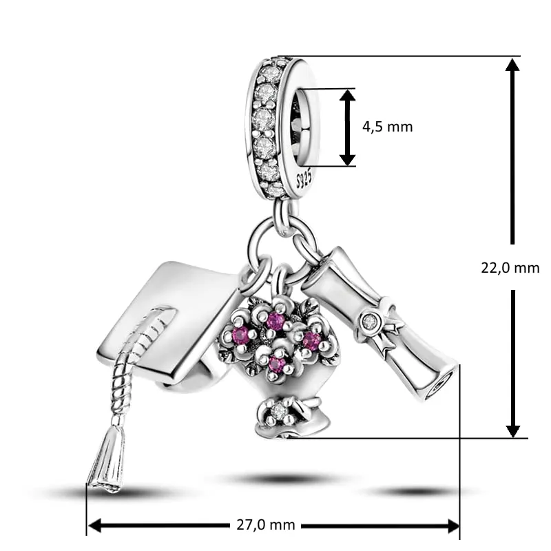 MariaFonte Charm Compatibile Tutte Marche Pendente Laurea Diploma Fiori Pergamena Cappello Compleanno Anniversario Ciondoli Originale Bead Argento 925 Portafortuna Cuore - immagine 9