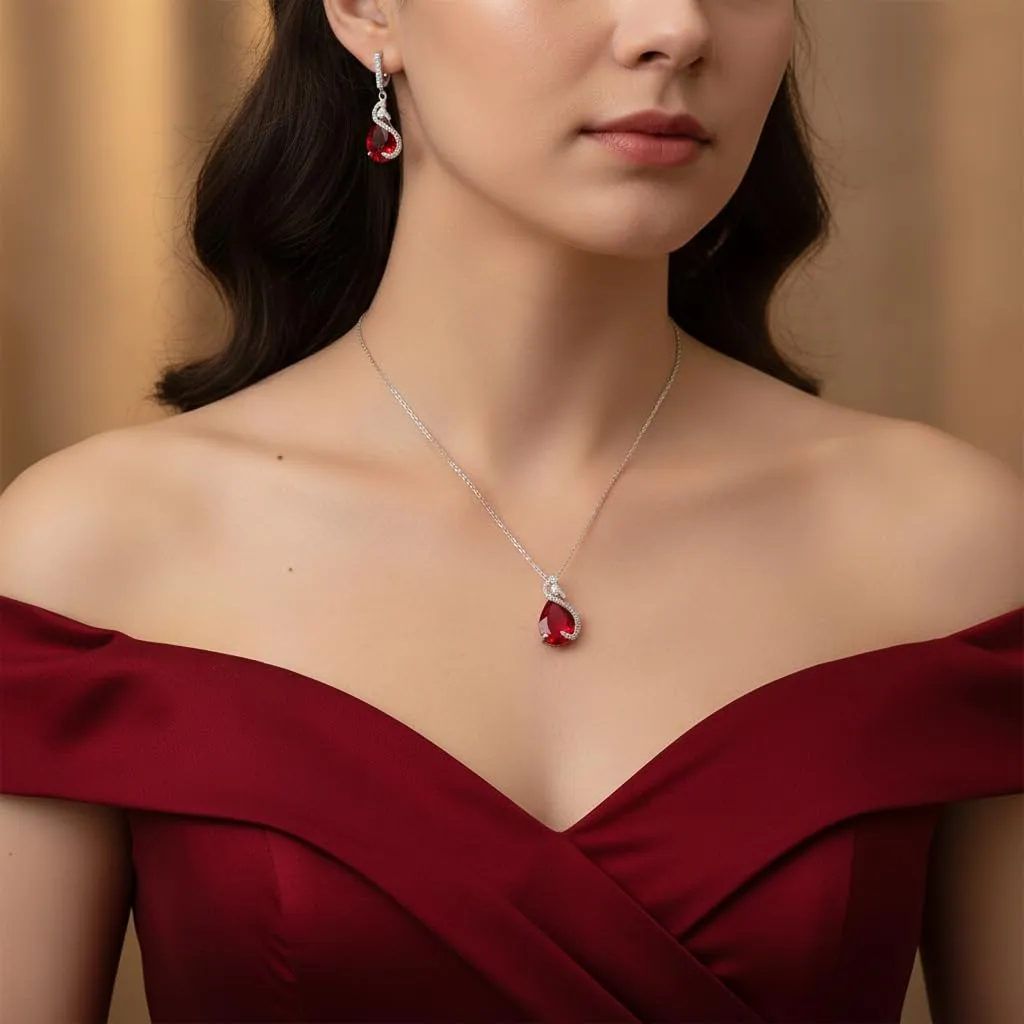 EVER FAITH Bridal Goccia Zirconia cubica Set di gioielli per la sposa damigella d'onore, Rubino Birthstone Pendant Necklace Earrings Tennis Bracciale Aperto Ring for Women Rosso Argento fondo - immagine 2