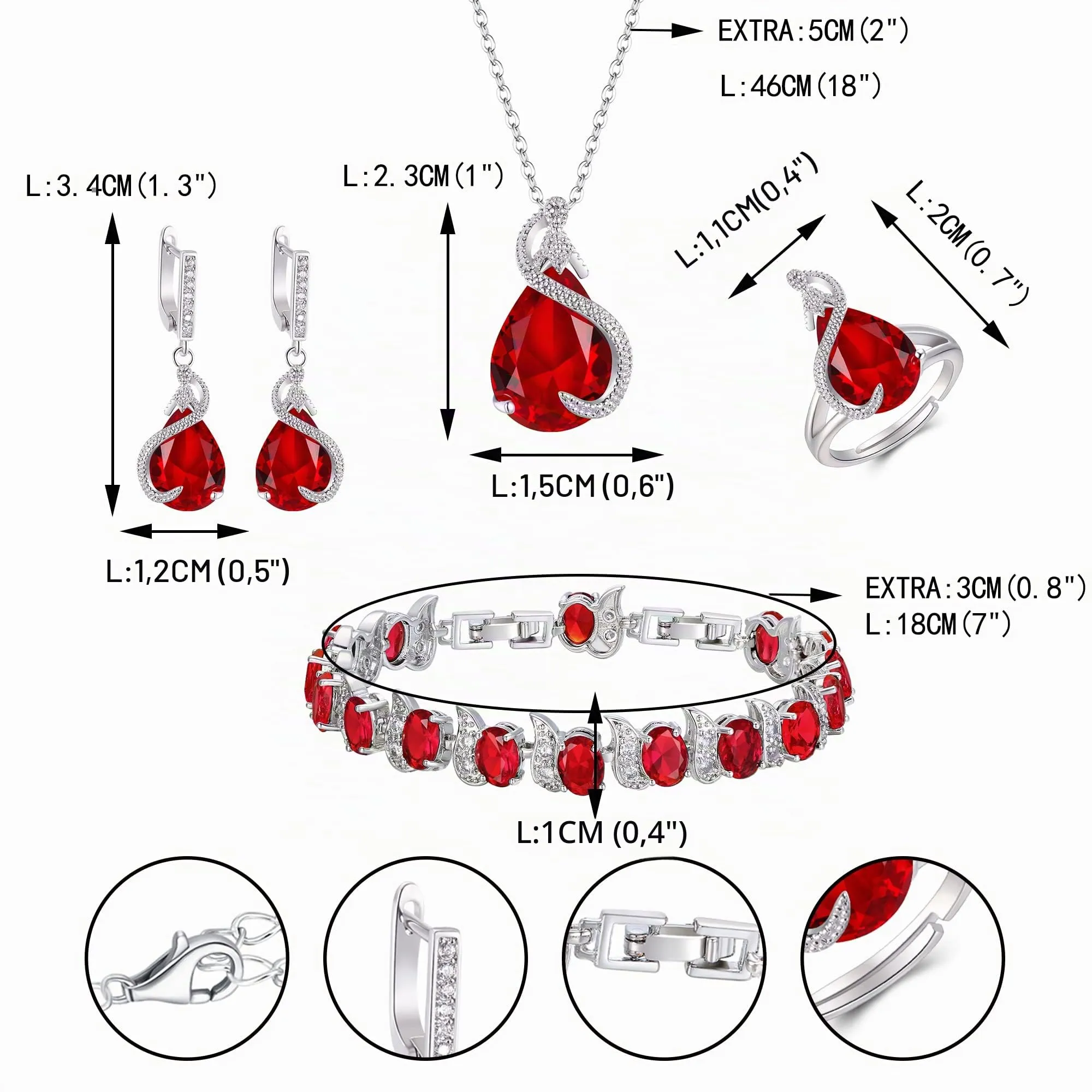 EVER FAITH Bridal Goccia Zirconia cubica Set di gioielli per la sposa damigella d'onore, Rubino Birthstone Pendant Necklace Earrings Tennis Bracciale Aperto Ring for Women Rosso Argento fondo - immagine 4
