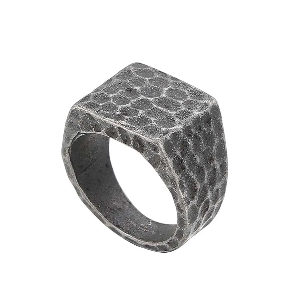 PAURO Uomo Acciaio Inossidabile Quadrato Vintage Anelli con Finitura Martellata Fascia di Fidanzamento Semplice e Liscia Nero Dimensione 19 - immagine 1