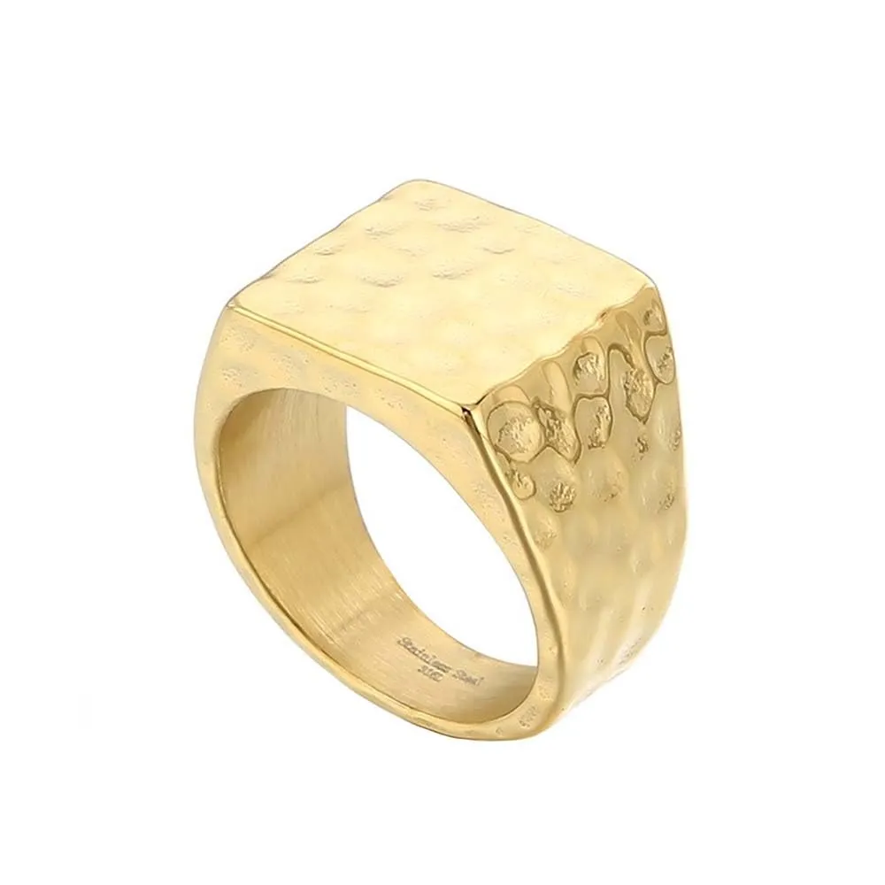 PAURO Uomo Acciaio Inossidabile Quadrato Vintage Anelli con Finitura Martellata Fascia di Fidanzamento Semplice e Liscia Oro Dimensione 19 - immagine 1