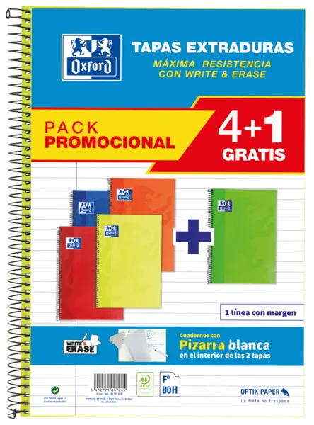 Oxford School Classic Write&Erase Pack 4+1 Fº - Quaderno a spirale - Copertina extra rigida - 1 riga con margine - 80 fogli - Colori assortiti - immagine 1