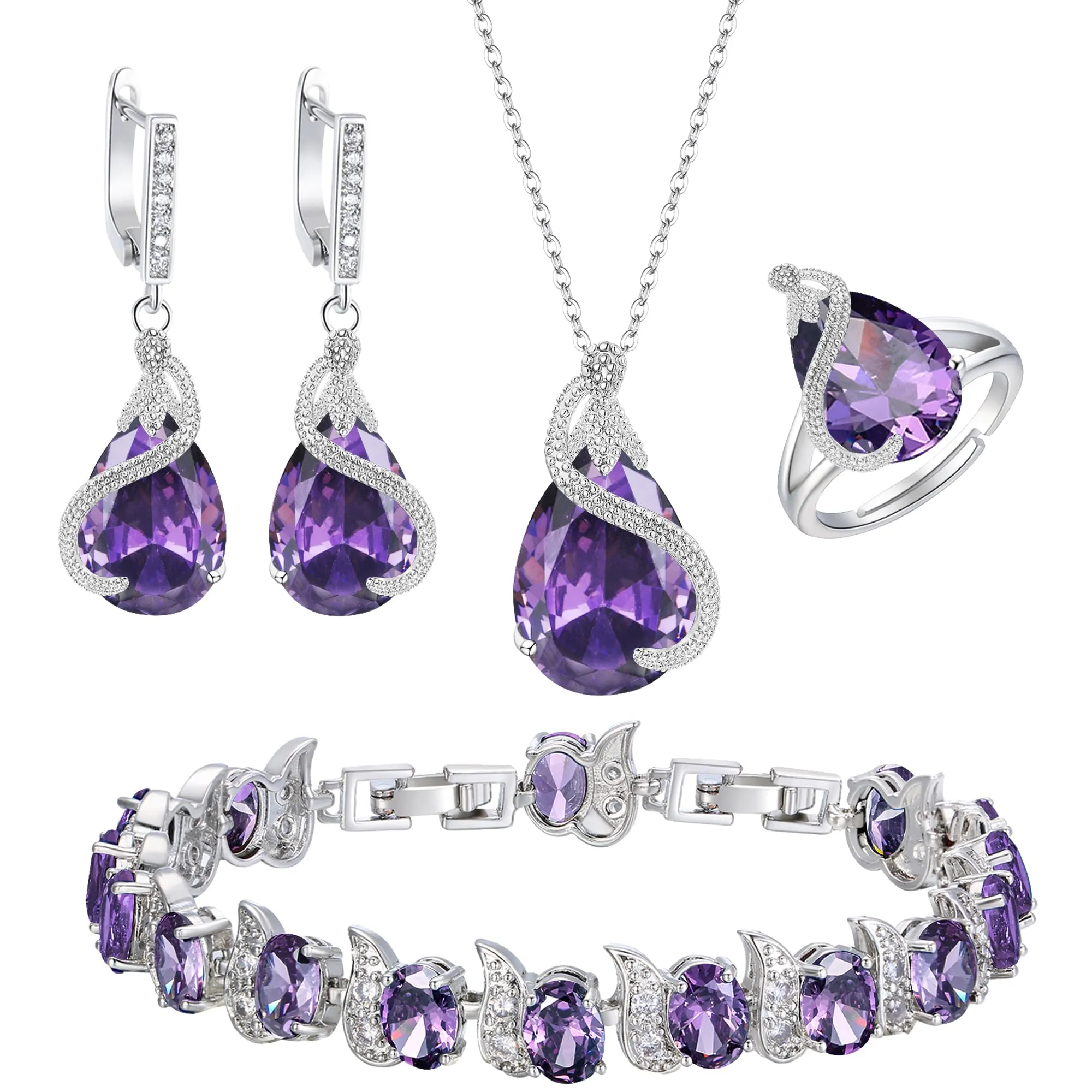 EVER FAITH Set di 4 orecchini a goccia, con zirconi cubici, per donne, matrimoni, feste, colore argento chiaro, Zirconia cubica, Ametista viola tono - immagine 1