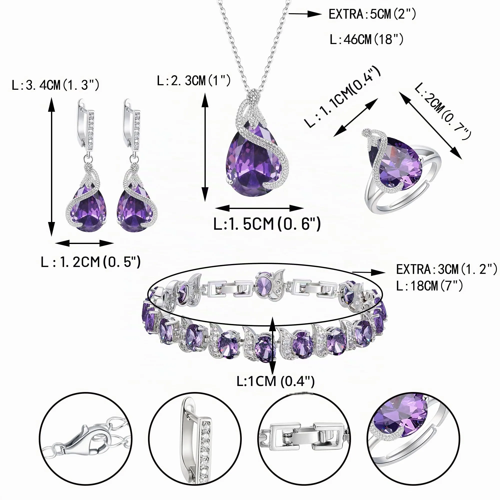 EVER FAITH Set di 4 orecchini a goccia, con zirconi cubici, per donne, matrimoni, feste, colore argento chiaro, Zirconia cubica, Ametista viola tono - immagine 5