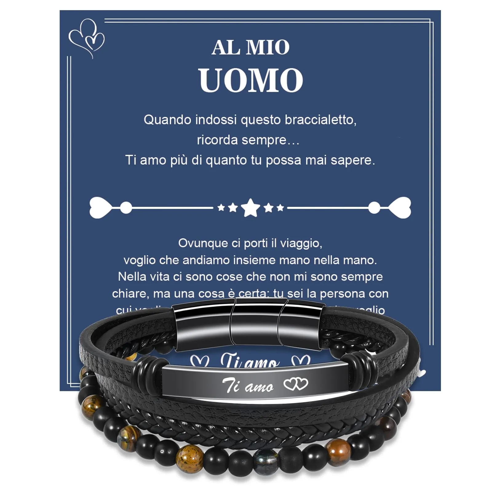 VGWON Regalo Uomo Bracciale da Uomo in Vera Pelle con Pietre Naturali - immagine 1