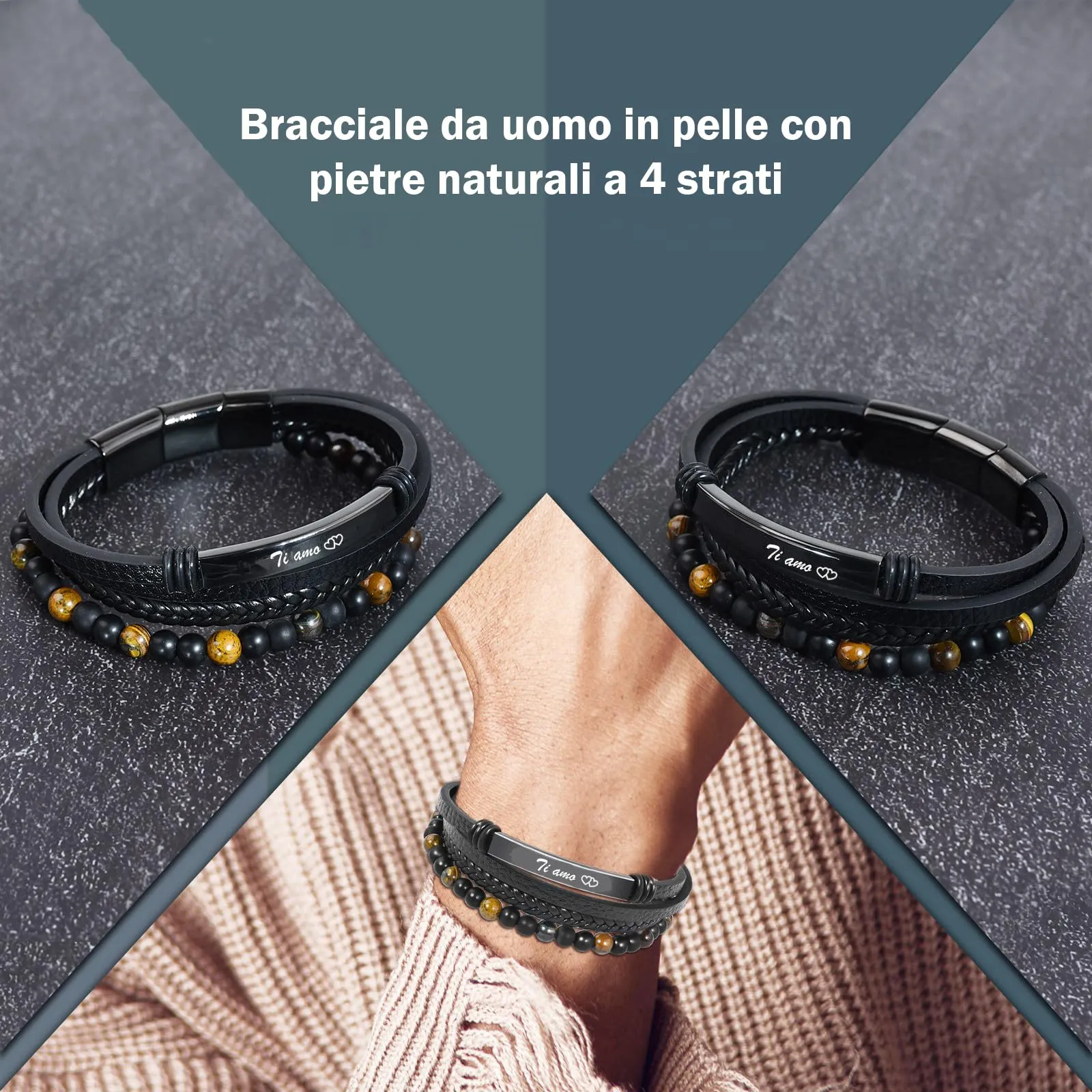VGWON Regalo Uomo Bracciale da Uomo in Vera Pelle con Pietre Naturali - immagine 2