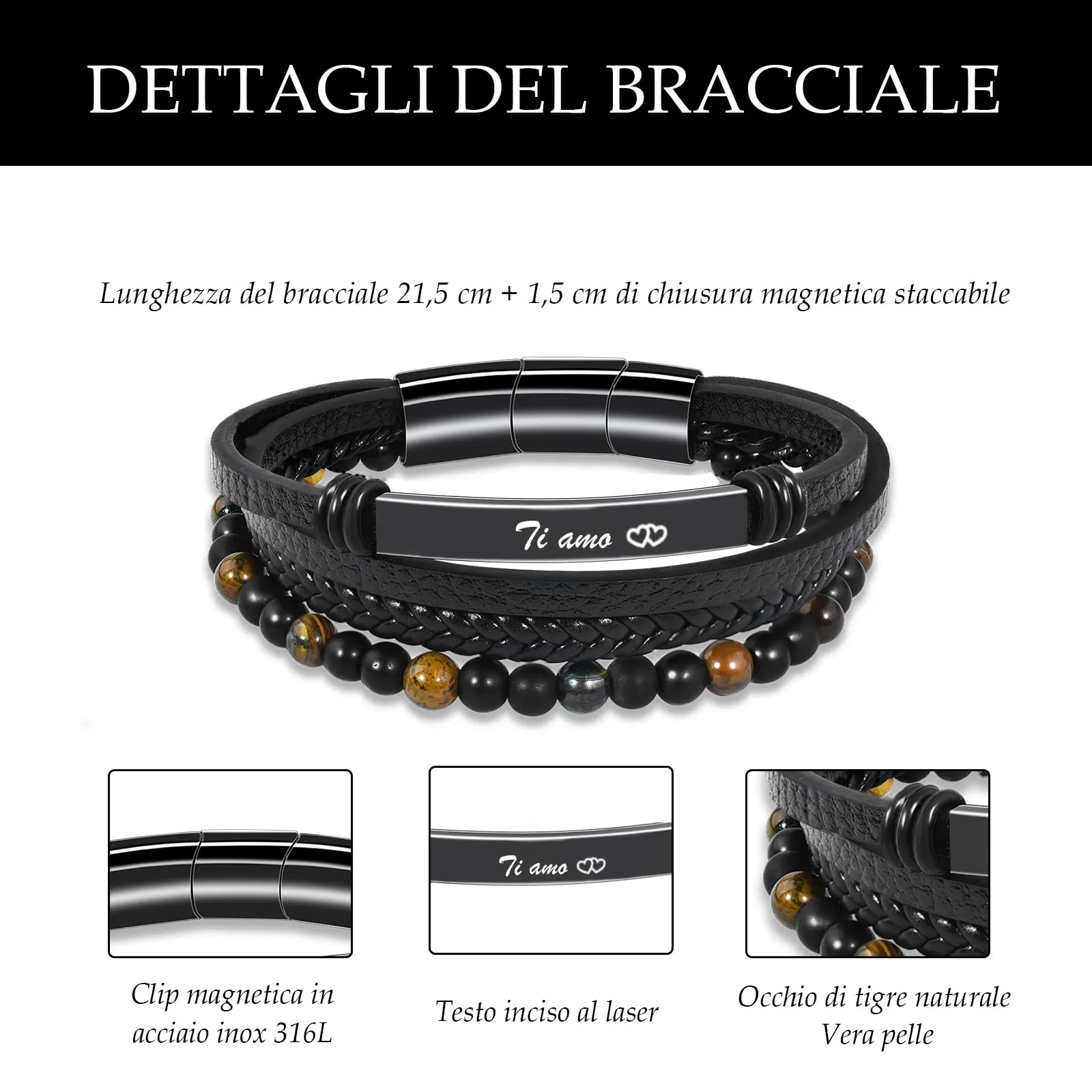 VGWON Regalo Uomo Bracciale da Uomo in Vera Pelle con Pietre Naturali - immagine 3