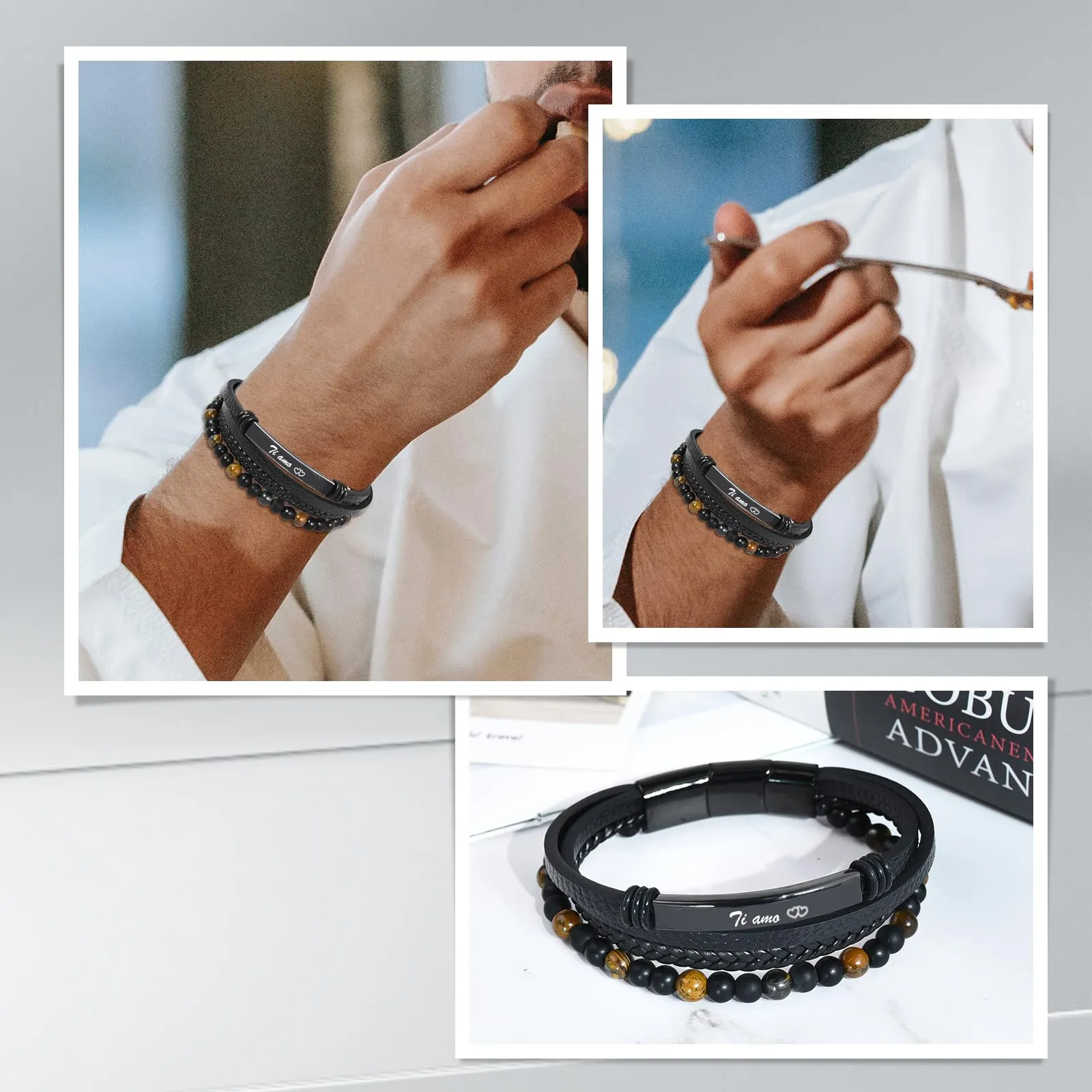 VGWON Regalo Uomo Bracciale da Uomo in Vera Pelle con Pietre Naturali - immagine 6