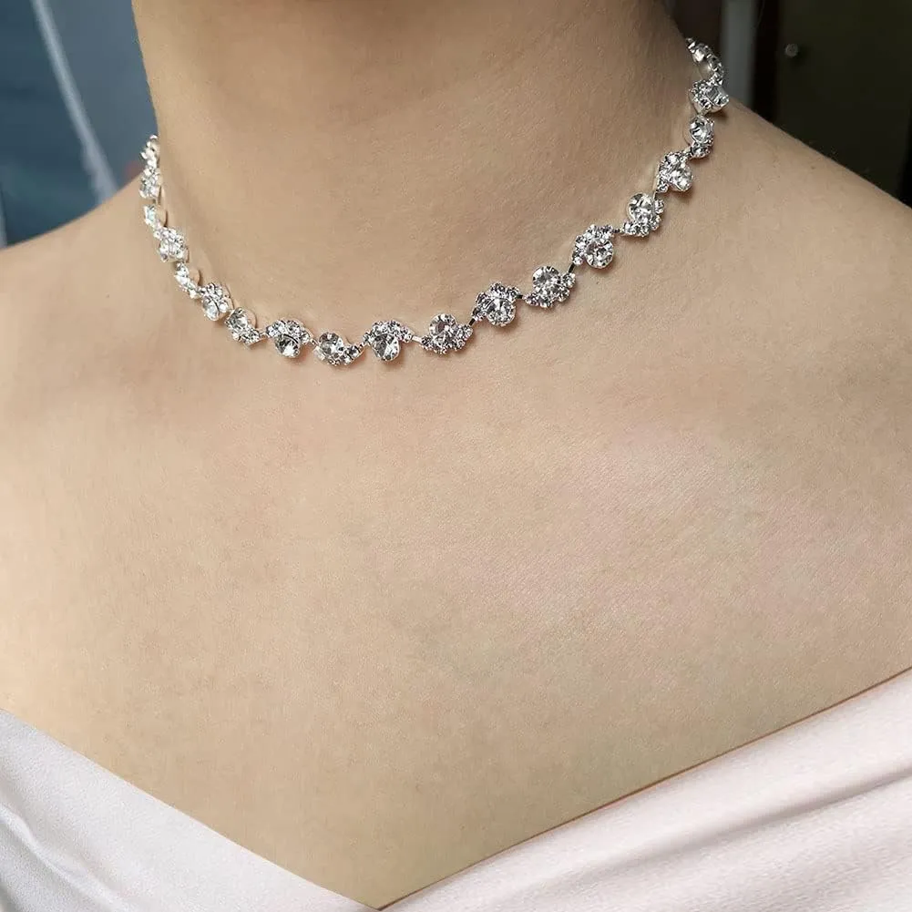 Clataly Bridal Wedding Colorful Crystal Collana Orecchini Braccialetto Set Argento sposa Collane Gioielli Accessori per le Donne (Argento) - immagine 3