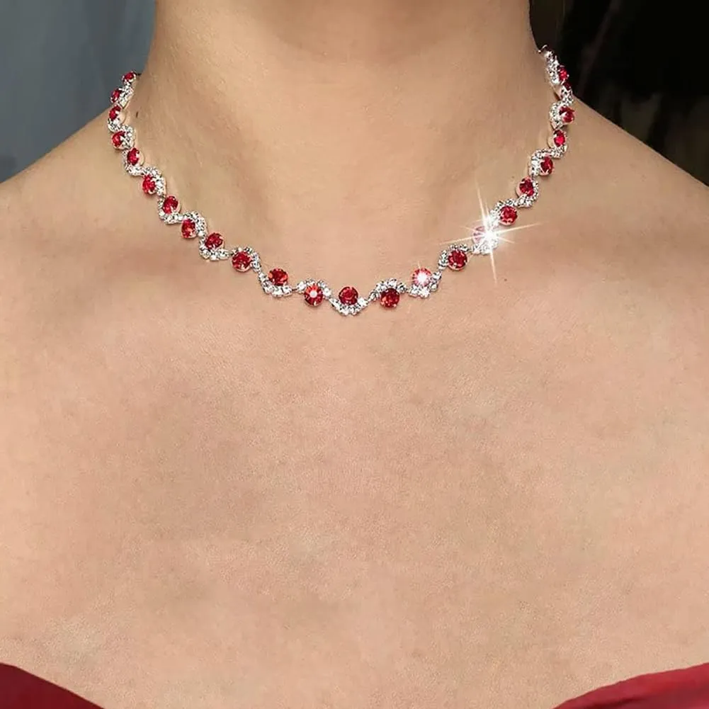 Clataly Bridal Wedding Colorful Crystal Collana Orecchini Set Argento sposa Collane Gioielli Accessori per le Donne (Rosso) - immagine 2