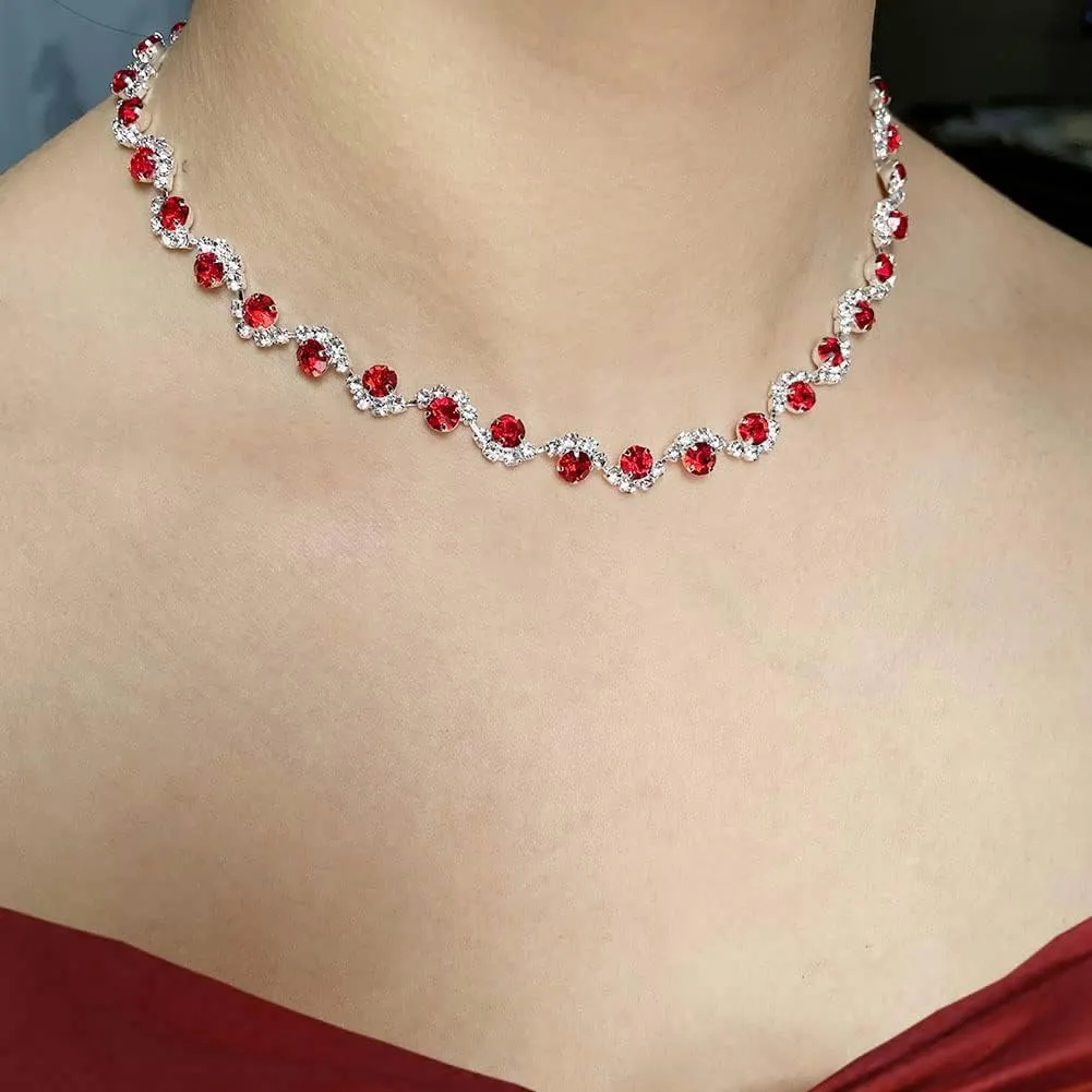 Clataly Bridal Wedding Colorful Crystal Collana Orecchini Set Argento sposa Collane Gioielli Accessori per le Donne (Rosso) - immagine 3