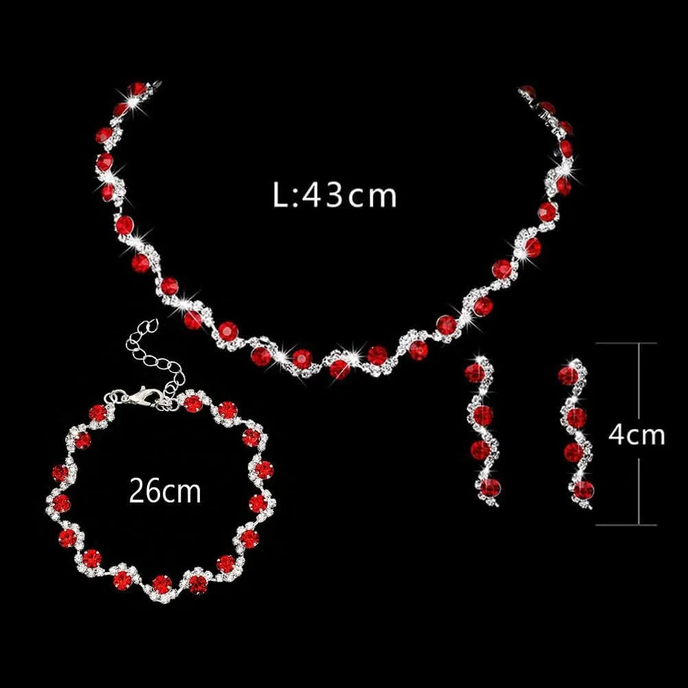 Clataly Bridal Wedding Colorful Crystal Collana Orecchini Set Argento sposa Collane Gioielli Accessori per le Donne (Rosso) - immagine 4