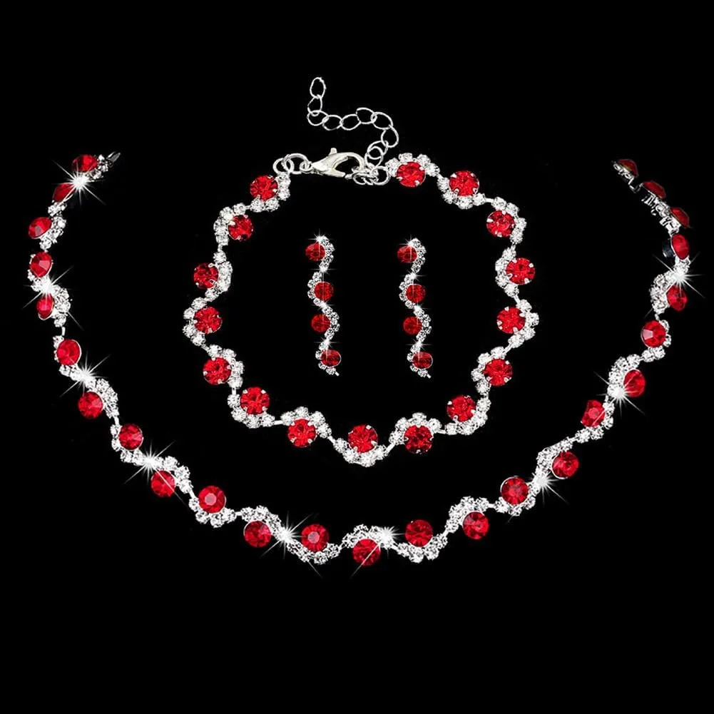 Clataly Bridal Wedding Colorful Crystal Collana Orecchini Set Argento sposa Collane Gioielli Accessori per le Donne (Rosso) - immagine 5