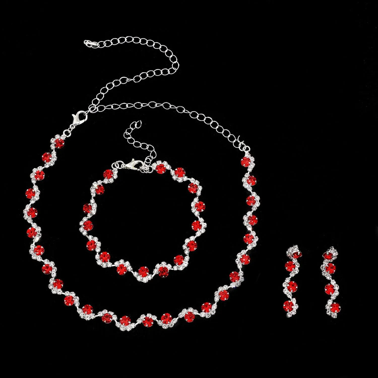 Clataly Bridal Wedding Colorful Crystal Collana Orecchini Set Argento sposa Collane Gioielli Accessori per le Donne (Rosso) - immagine 6