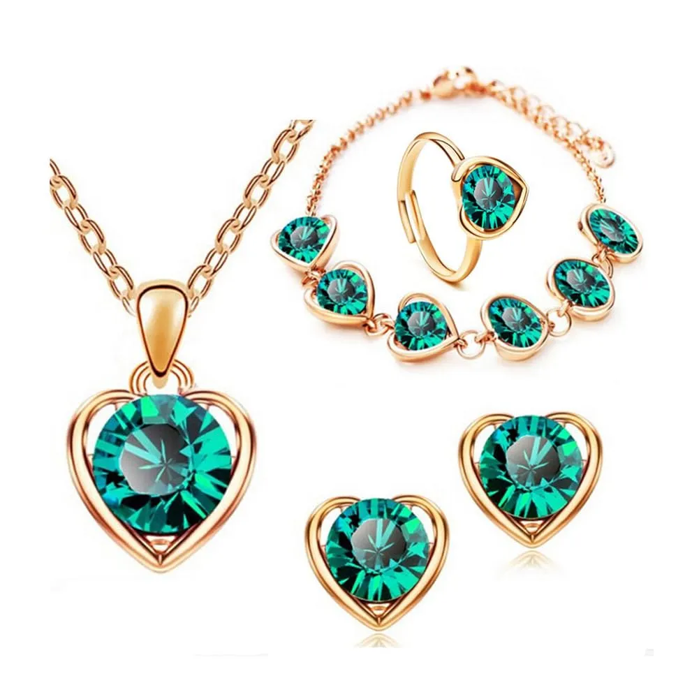 Clataly Cuore Cristallo Collana Orecchini Bracciale Anello Set Amore Pendente Collana Gioielli per le Donne e Ragazze (Verde) - immagine 1