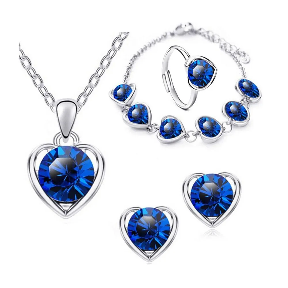 Clataly Cuore Cristallo Collana Orecchini Bracciale Anello Set Amore Pendente Collana Gioielli per le Donne e Ragazze (Blu) - immagine 1