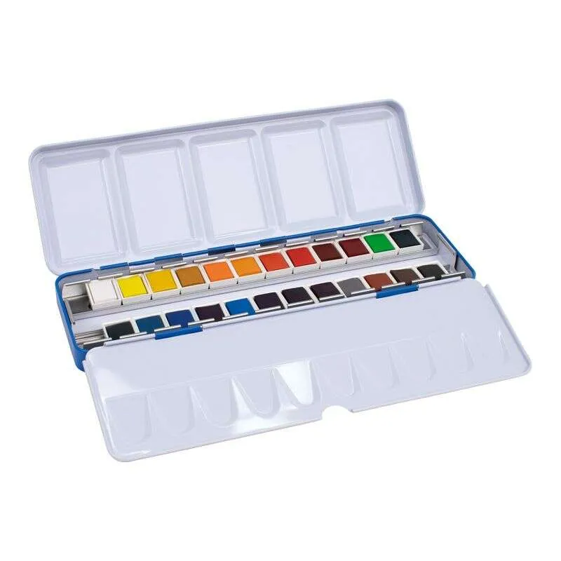Milan Art - Confezione in metallo da 24 acquerelli a mezza pastiglia - Opaci e resistenti alla luce - Miscelabili - Vassoio con cerniera - Colori assortiti - immagine 1