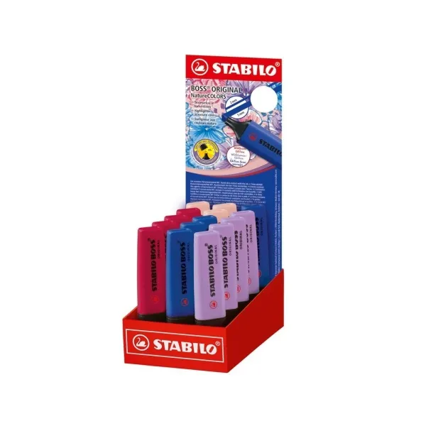 Espositore Stabilo Boss Naturecolors Wildflower Edition con 15 pennarelli - Larghezza del tratto tra 2 e 5 mm - Inchiostro a base d'acqua - Colori: blu navy cipria lilla grigiastro e rosso bordeaux - immagine 1