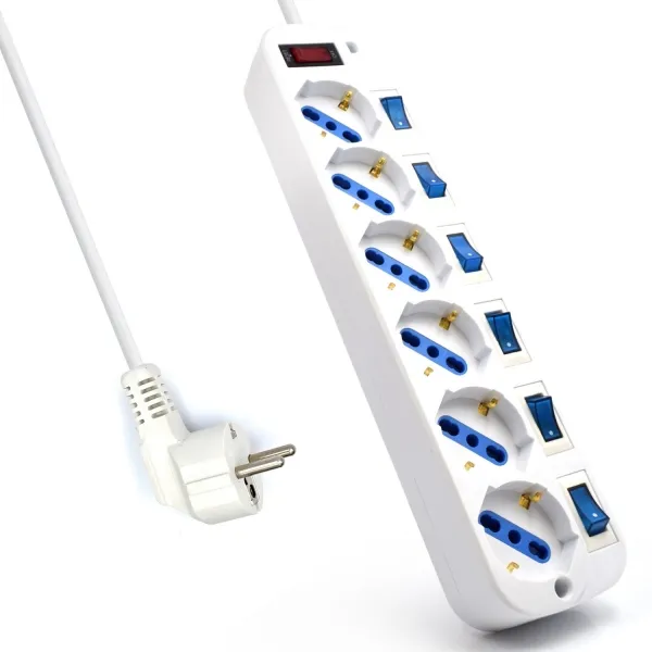 Multipresa Ewent - 6 prese - Versione Schuko - 16 A con interruttore on/off su ogni porta - Protezione da sovratensioni - Cavo da 3 m. - Colore bianco - immagine 1