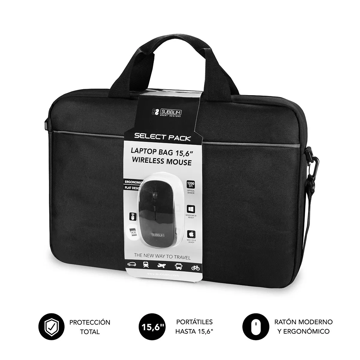 Subblim Maletin Select Pack con Raton Wireless - hasta 156 Pulgadas - Interior Acolchado y Reforzado - Compartimento Separado para El Portatil - Raton Inalambrico Ergonomico y Extraplano - Sensor Optico de 1200 dpi - Color Negro - immagine 1