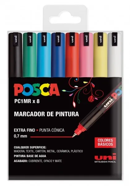 Posca PC1MR Confezione da 8 pennarelli a vernice - Punta a rullo in fibra da 07 mm - Inchiostro pigmentato a base d'acqua - Resistente alla luce - Colori assortiti - immagine 1
