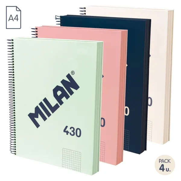 Serie Milan 1918 confezione da 4 quaderni a spirale formato A4 griglia 5x5 mm - 120 fogli da 95 g/m2 - Microperforati 4 fori - Colori assortiti - immagine 1