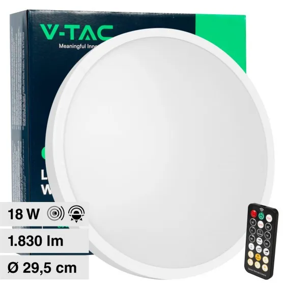 V-TAC Plafoniera LED Rotonda 18W con Sensore di Movimento a Microonde Colore Bianco 4000K IP44 - immagine 1