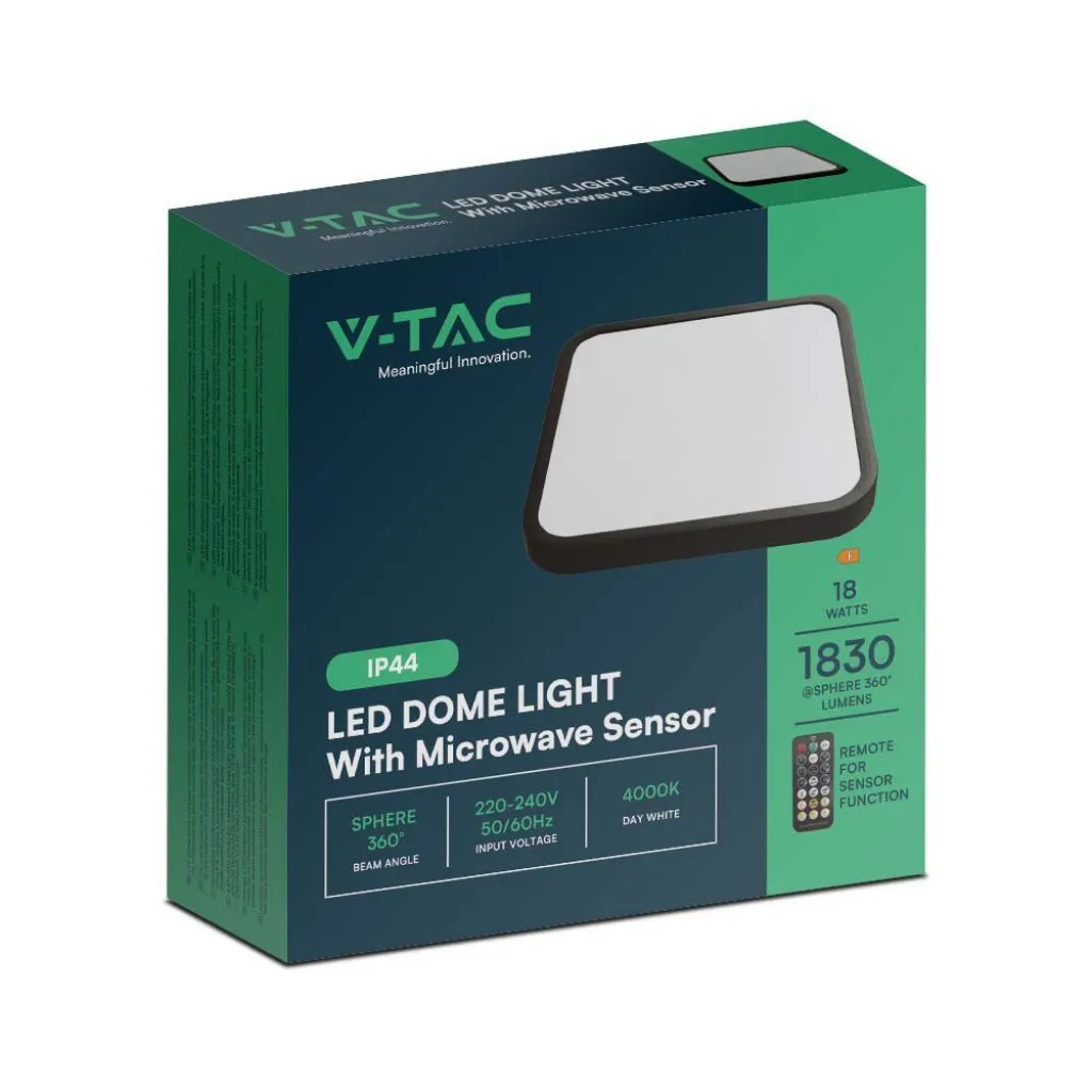 V-TAC Plafoniera LED Quadrata 18W con Telecomando e Sensore di Movimento a Microonde Colore Nero 4000K IP44 - immagine 1