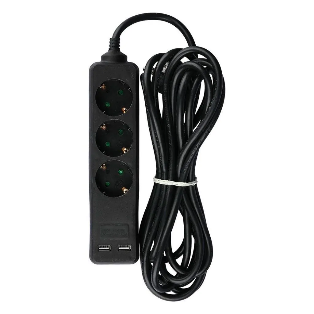 V-TAC Multipresa con Cavo 5m 3 Prese 10A 2P + Schuko 2 USB e Interruttore Luminoso Spina Schuko Colore Nero - immagine 1