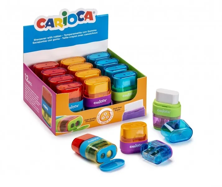 Espositore di 12 temperamatite Carioca con gomma - Doppio foro - Adatto per matite e pastelli - Vite di sicurezza - Contenitore per trucioli - Vari colori - immagine 1