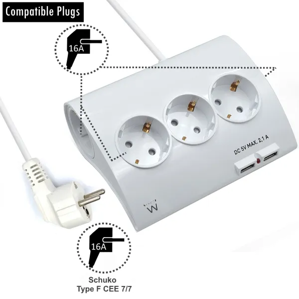 Multipresa Ewent - 5 prese - Versione Schuko - 16A - 2 porte USB - Cavo 15m - Bianco - immagine 1