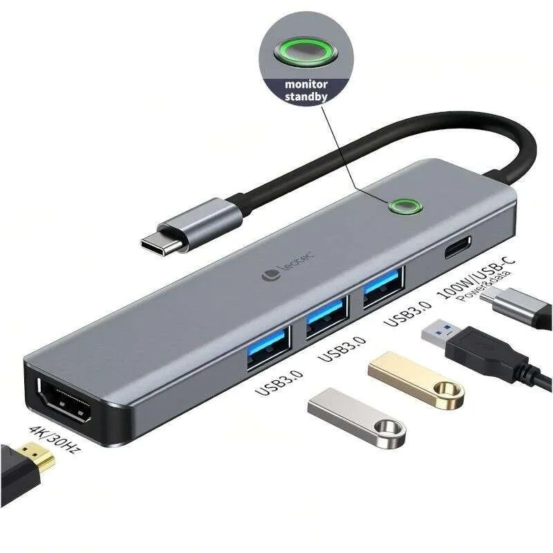 Leotec 5 in 1 da USB-C a 1xHDMI 3xUSB-A 3.0 1xPD 100W+adattatore USB-C - Grigio - immagine 1