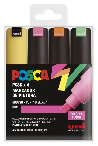 Pennarelli a vernice Posca PC-8K confezione da 4 punta a scalpello da 8 mm inchiostro a base d'acqua resistenti alla luce colori assortiti - immagine 1