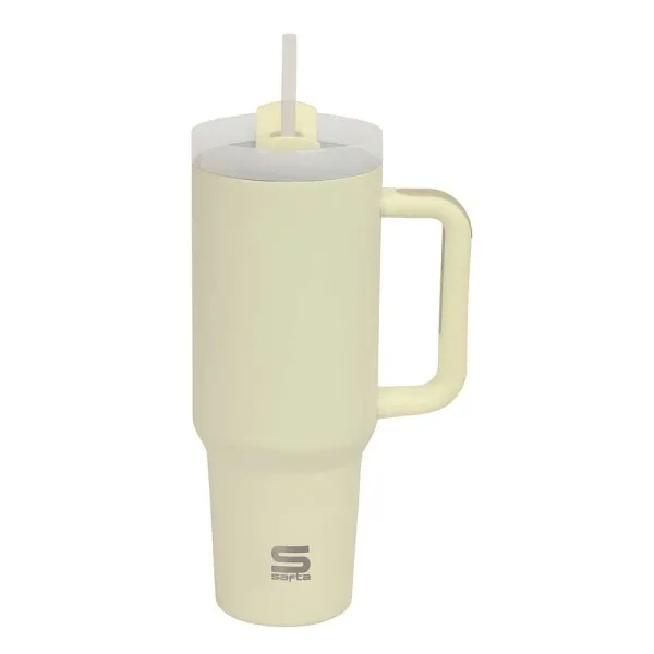 Tazza termica Safta con manico - Capacità 12 l - Cannuccia - Base antiscivolo - Acciaio inossidabile - Doppia parete - Mantiene le bevande calde per 12 ore e fredde per 24 ore - 10x265 cm - Giallo pastello - immagine 1