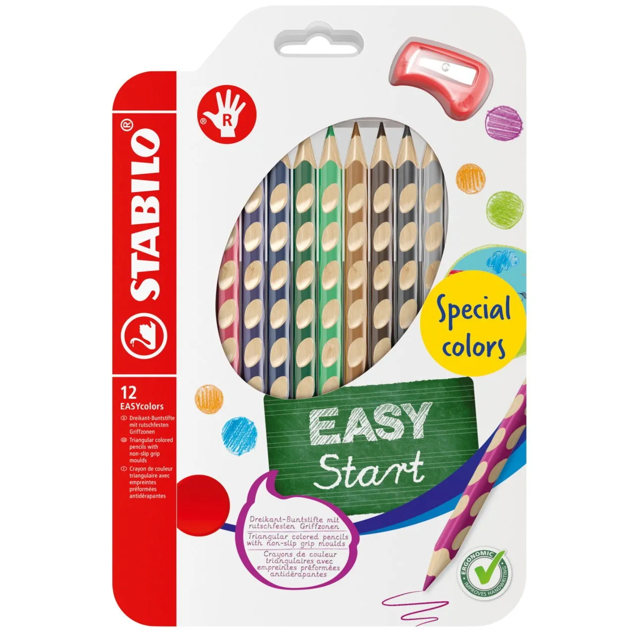 STABILO EASYcolors R Blu viola Marrone Carmine Verde smeraldo Oro Verde Grigio Blu marino Ocra Argento Bianco Giallo verde 12 pz - immagine 1