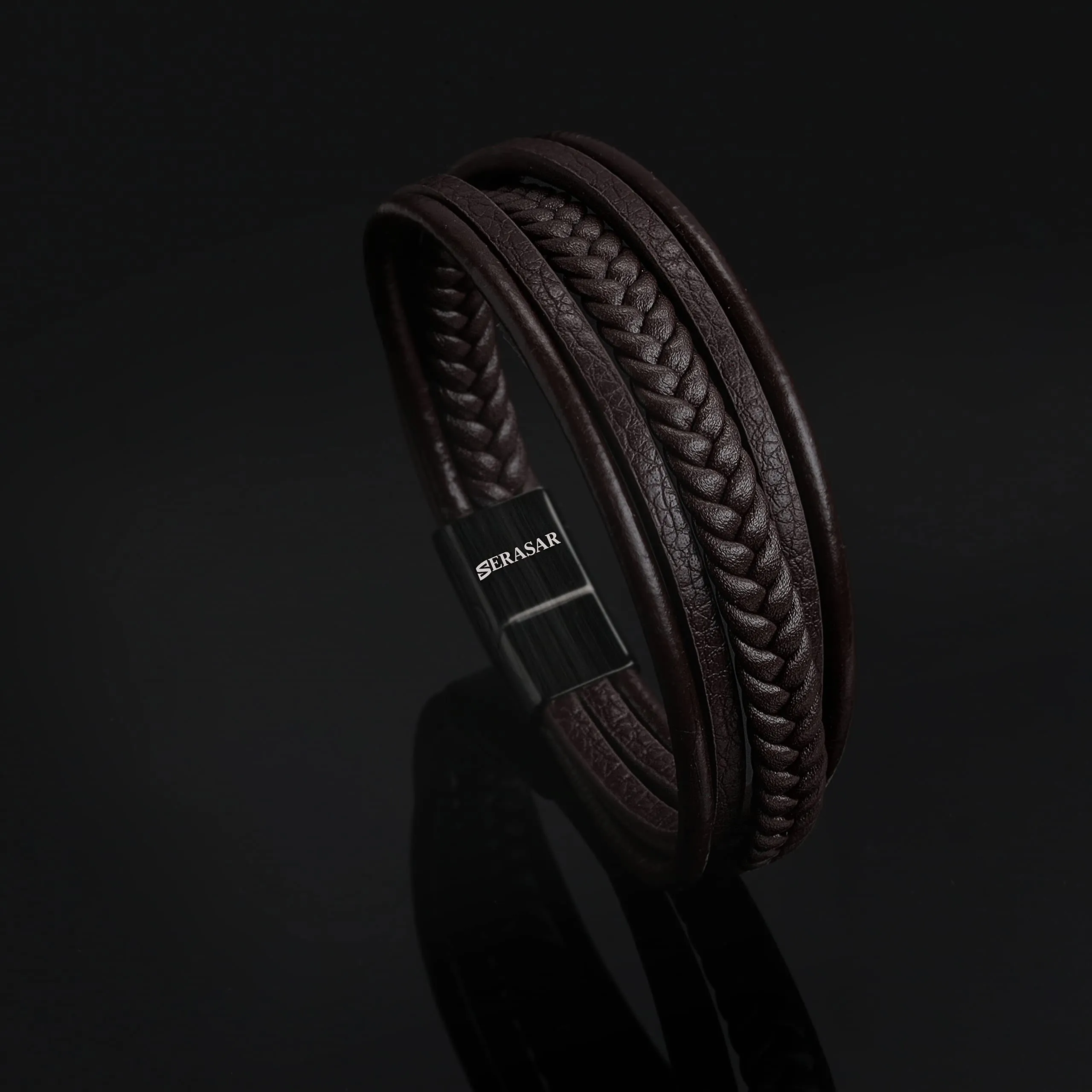 SERASAR Bracciale Uomo Cuoio Braccialetto Pelle Marrone Acciaio Regalo 21cm - immagine 9