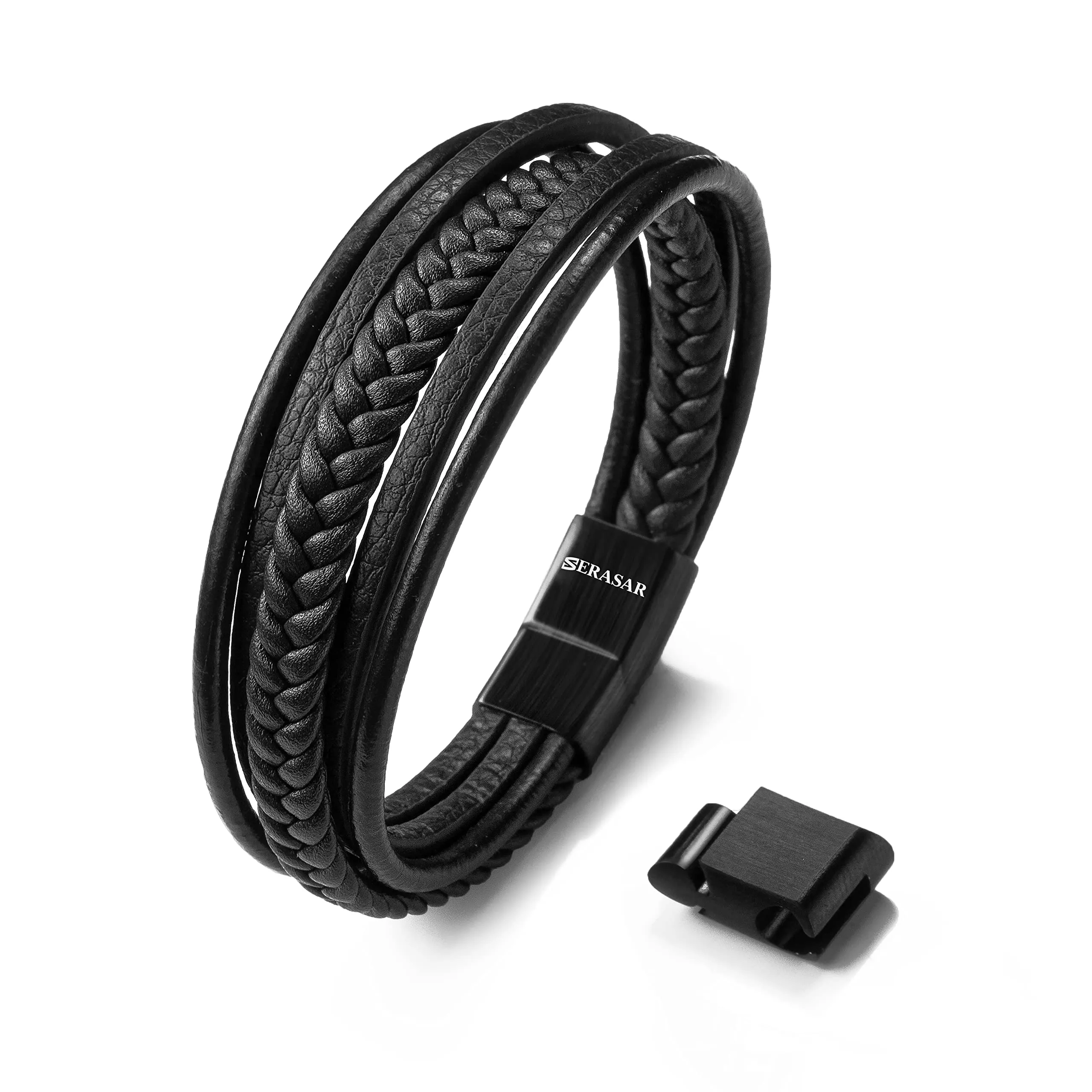 SERASAR Bracciale Uomo Cuoio Braccialetto Pelle Nera Intrecciato Inox 19cm - immagine 1