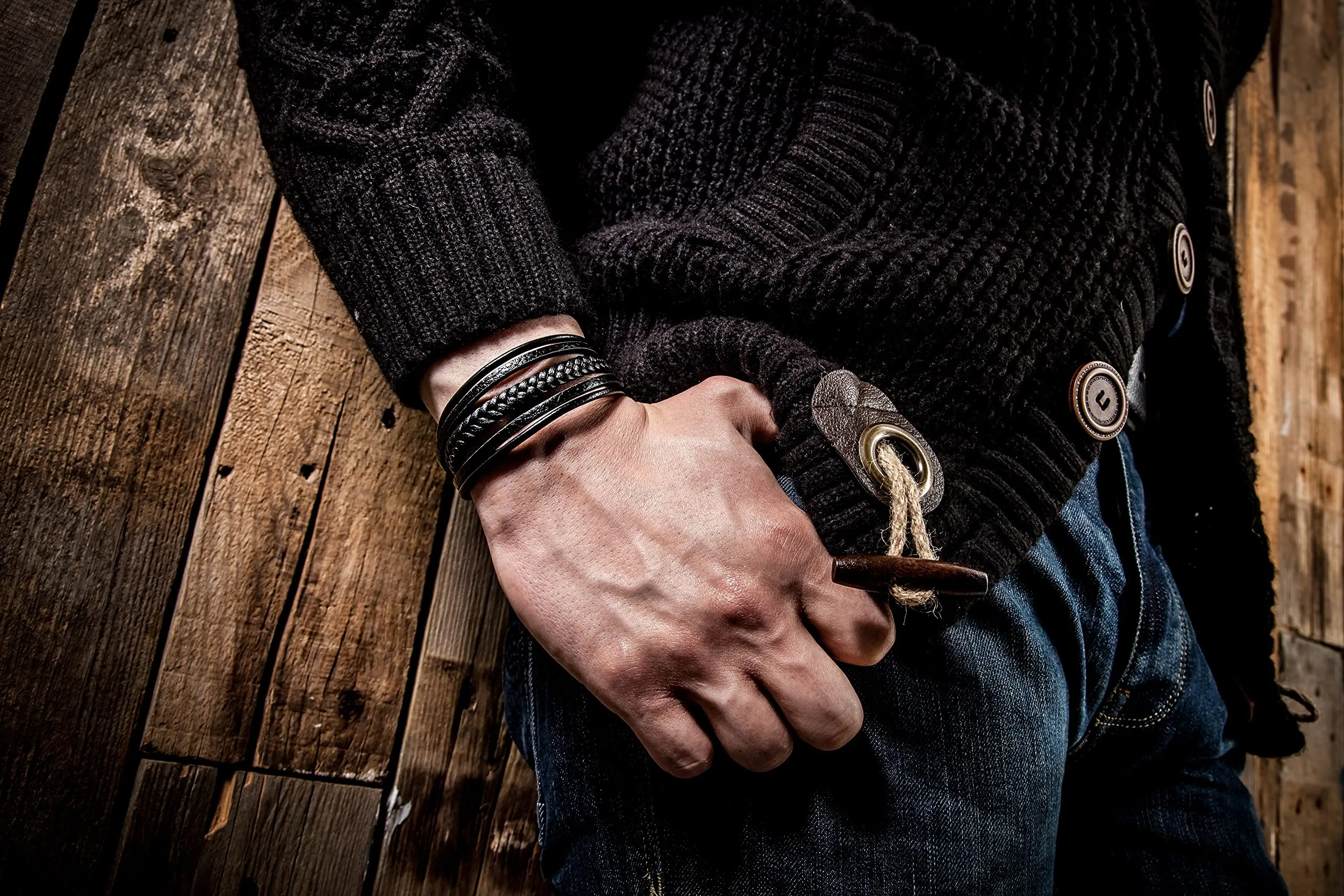 SERASAR Bracciale Uomo Cuoio Braccialetto Pelle Nera Intrecciato Inox 19cm - immagine 5